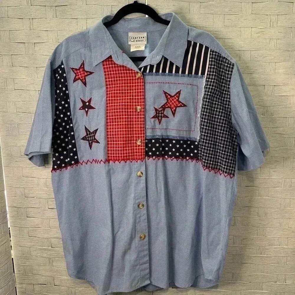 Vintage JANTZEN hi wait denim patriotic‎ top perfect for 4th of July size 1X